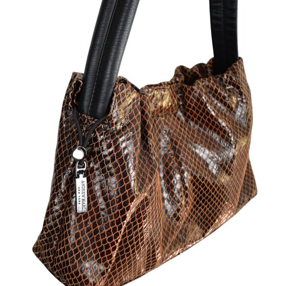 Andrew Marc New York small brown/black leather print shoulder bag purse Y2K hobo - Picture 3 of 7